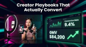 TikTok Shop creator playbooks that convert — split-screen showing creator filming product demo alongside GMV analytics dashboard