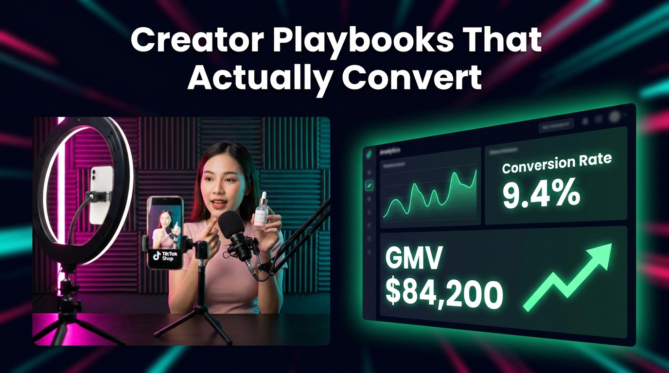TikTok Shop creator playbooks that convert — split-screen showing creator filming product demo alongside GMV analytics dashboard