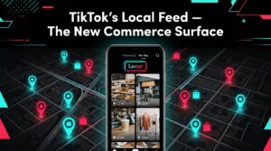 TikTok Local Feed interface showing nearby shop content with map pins and distance labels — the new local commerce surface for sellers in 2026