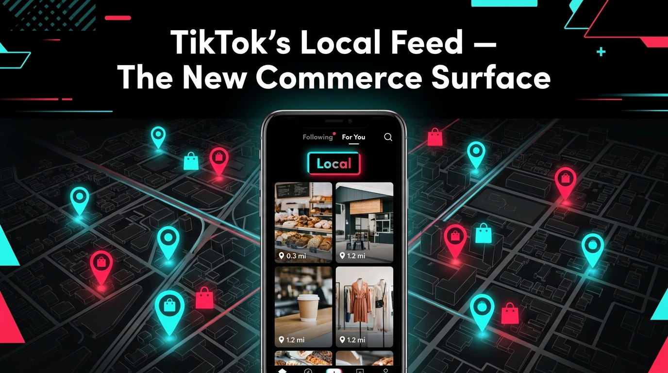 TikTok Local Feed interface showing nearby shop content with map pins and distance labels — the new local commerce surface for sellers in 2026