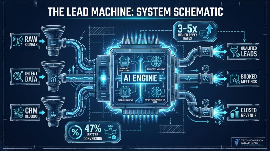 Blueprint diagram of an AI lead machine showing signal inputs flowing into an AI engine and outputting qualified leads, meetings, and closed revenue
