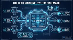 Blueprint diagram of an AI lead machine showing signal inputs flowing into an AI engine and outputting qualified leads, meetings, and closed revenue