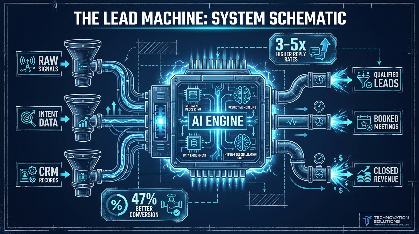 Blueprint diagram of an AI lead machine showing signal inputs flowing into an AI engine and outputting qualified leads, meetings, and closed revenue