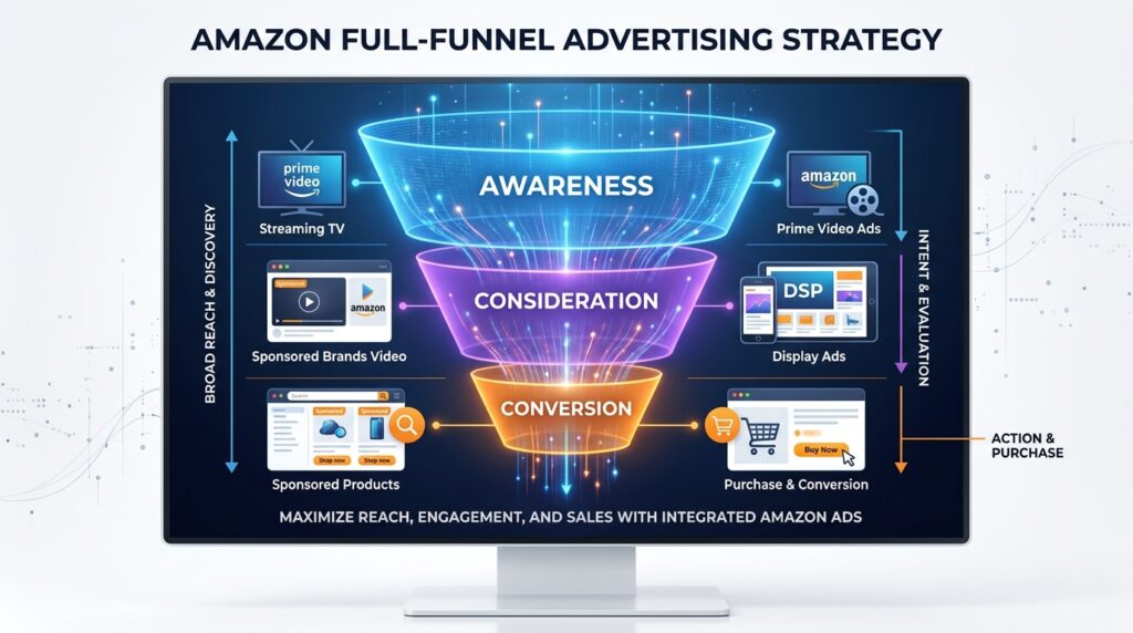 Amazon full-funnel advertising funnel diagram showing Awareness, Consideration, and Conversion layers with ad format icons