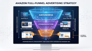 Amazon full-funnel advertising funnel diagram showing Awareness, Consideration, and Conversion layers with ad format icons