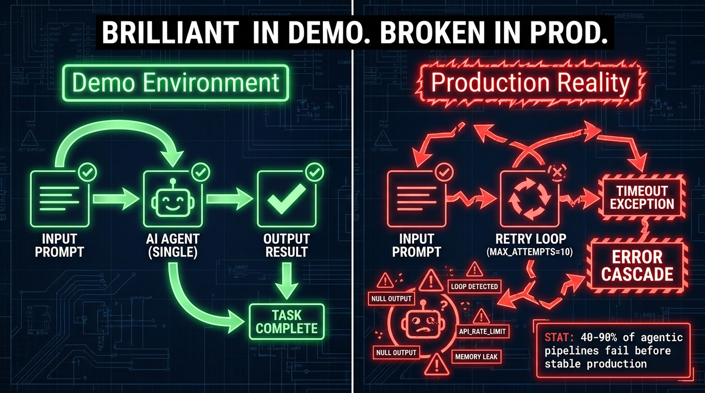 Split-screen comparison of an agentic AI pipeline in demo vs. production — demo shows clean flow, production shows broken loops, timeouts, and cascading errors