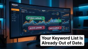 A dynamic digital dashboard showing Amazon keyword search trends in 2026 with live SFR tracking and trend direction indicators