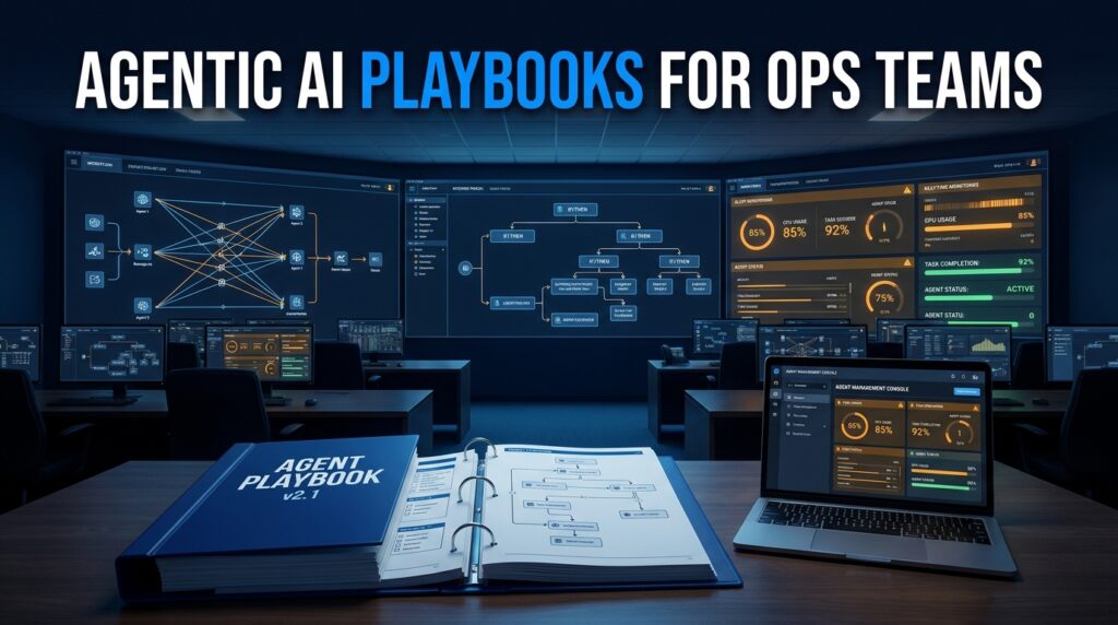 Agentic AI Playbooks for Ops Teams — operations war room with agent workflow dashboards and an open Agent Playbook binder