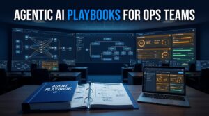 Agentic AI Playbooks for Ops Teams — operations war room with agent workflow dashboards and an open Agent Playbook binder