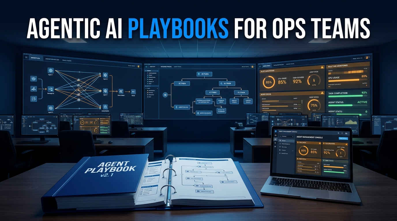 Agentic AI Playbooks for Ops Teams — operations war room with agent workflow dashboards and an open Agent Playbook binder