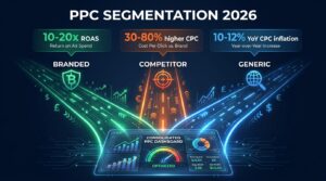 PPC Segmentation 2026 — Branded vs Competitor vs Generic campaigns infographic with ROAS and CPC benchmarks