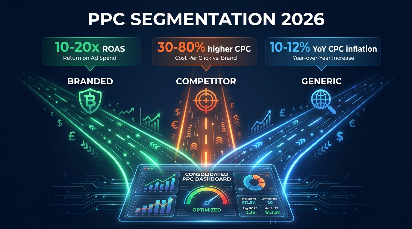 PPC Segmentation 2026 — Branded vs Competitor vs Generic campaigns infographic with ROAS and CPC benchmarks