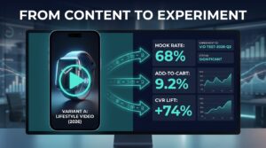 Split-screen showing a product video on smartphone next to a conversion metrics dashboard — hook rate 68%, add-to-cart 9.2%, CVR lift +74%