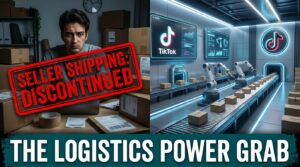 TikTok Shop logistics power grab 2026 - split screen showing seller shipping discontinued vs TikTok fulfillment warehouse