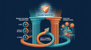 Amazon Brand Registry full-funnel growth loop showing Brand Tailored Promotions and Creator Connections as connected pillars