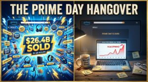 Split-screen illustration of Prime Day chaos vs. the quiet aftermath — THE PRIME DAY HANGOVER — with spiking ACoS on a laptop screen and scattered fix-it notes