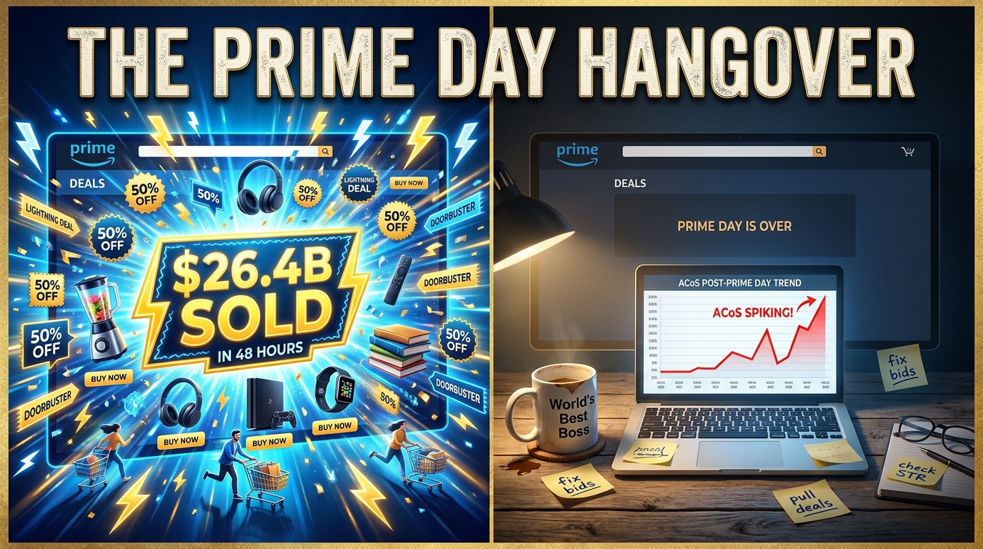 Split-screen illustration of Prime Day chaos vs. the quiet aftermath — THE PRIME DAY HANGOVER — with spiking ACoS on a laptop screen and scattered fix-it notes