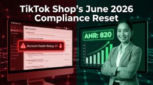 TikTok Shop June 2026 Compliance Reset: split-screen showing a red AHR warning badge vs. a green healthy seller dashboard