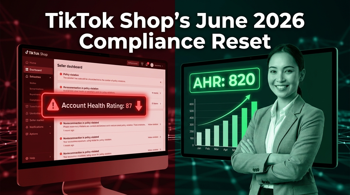 TikTok Shop June 2026 Compliance Reset: split-screen showing a red AHR warning badge vs. a green healthy seller dashboard