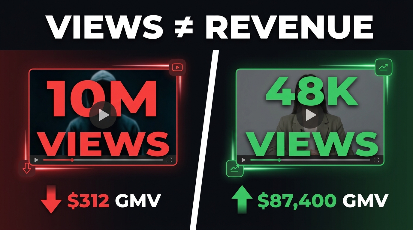 Split-screen comparison: 10M views producing $312 GMV vs 48K views producing $87,400 GMV — Views do not equal Revenue
