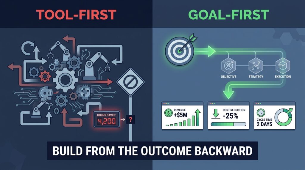 Two contrasting paths: tool-first automation ending in a dead end versus goal-first automation leading to clear business KPIs