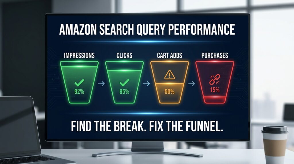 Amazon Search Query Performance funnel dashboard showing impressions, clicks, cart adds and purchases with break point indicators