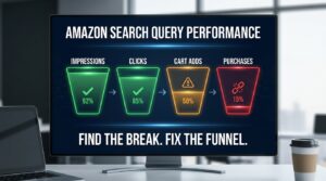 Amazon Search Query Performance funnel dashboard showing impressions, clicks, cart adds and purchases with break point indicators