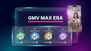 TikTok Shop GMV Max Era control panel showing levers for Target ROI, Creative Volume, Catalog Health, and Affiliate Scale