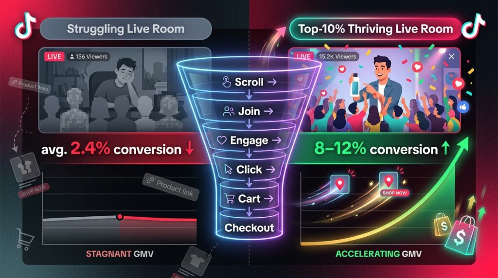 TikTok Shop live stream conversion funnel comparison: average 2.4% vs top 10% 8-12% conversion rates
