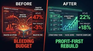 Amazon PPC account before and after rebuild showing ACoS improvement from 47% to 22% and net margin from -3% to +18%
