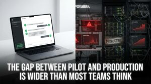 Split-screen comparison: clean AI pilot environment on the left vs. turbulent production server room on the right, illustrating the gap between demo and real-world deployment