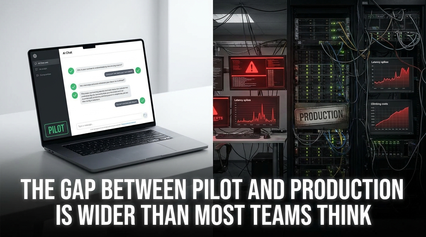 Split-screen comparison: clean AI pilot environment on the left vs. turbulent production server room on the right, illustrating the gap between demo and real-world deployment