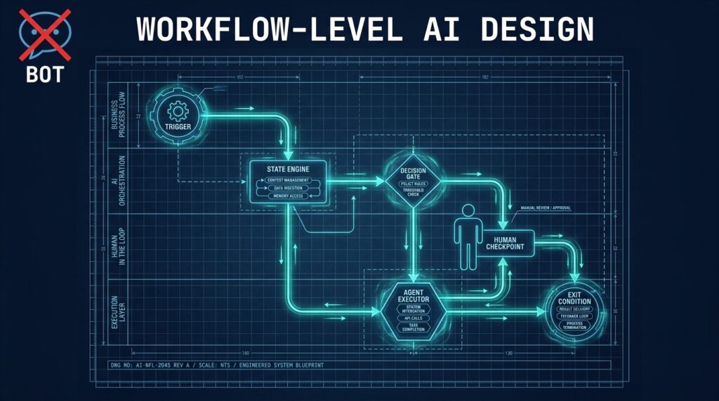 Architectural blueprint of a workflow-level AI automation system showing triggers, state engine, decision gates, human checkpoints, and agent executors — contrasted with a crossed-out simple bot icon