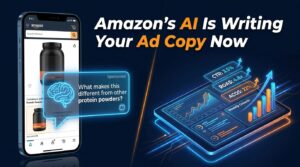 Amazon AI ad prompts hero image showing campaign metrics dashboard and conversational ad bubble
