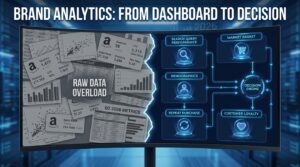 Brand Analytics: From Dashboard to Decision — split-screen showing chaotic raw data versus an organized decision framework for Amazon sellers