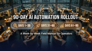 90-Day AI Automation Rollout timeline showing three phases across an operations floor