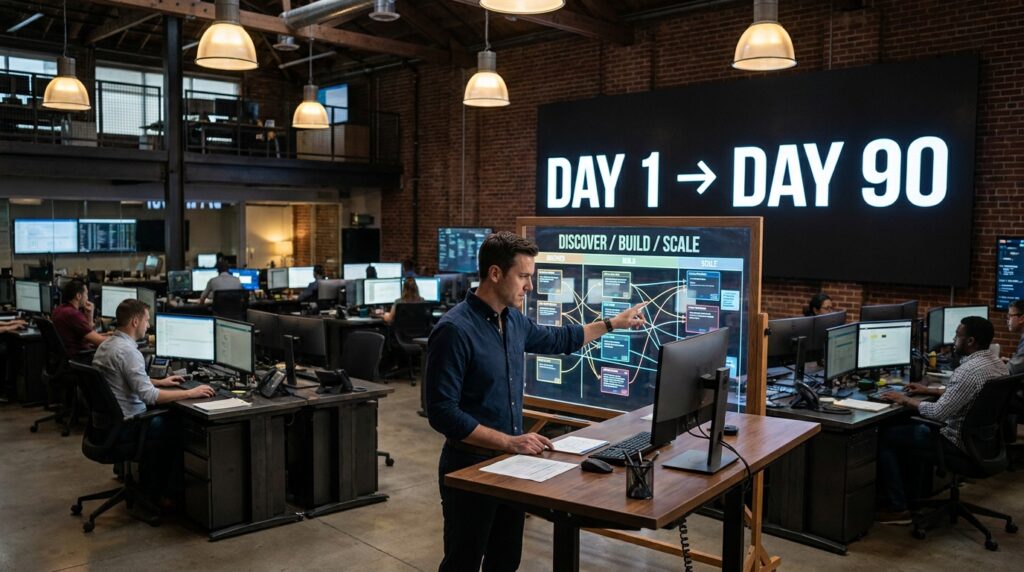 Operations floor with a DAY 1 to DAY 90 countdown timeline and an operator reviewing a 3-phase Discover/Build/Scale project board