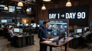 Operations floor with a DAY 1 to DAY 90 countdown timeline and an operator reviewing a 3-phase Discover/Build/Scale project board