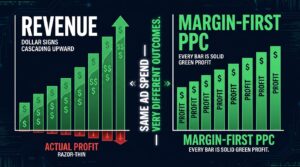 Split-screen visualization showing the gap between high ROAS revenue and razor-thin actual profit versus a margin-first PPC rebuild with consistent green profit bars — same ad spend, very different outcomes
