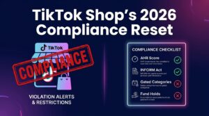 TikTok Shop 2026 Compliance Reset — infographic showing AHR score, INFORM Act, gated categories, and fund hold checklist