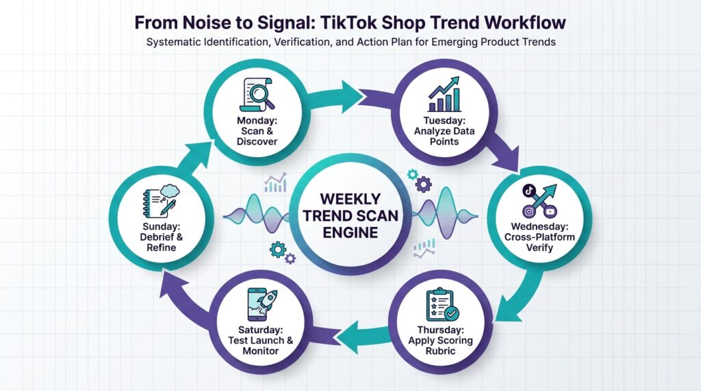 Weekly TikTok Shop trend scan workflow diagram showing seven daily stages in a loop from Monday to Sunday