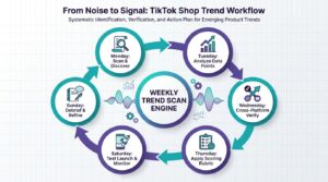 Weekly TikTok Shop trend scan workflow diagram showing seven daily stages in a loop from Monday to Sunday