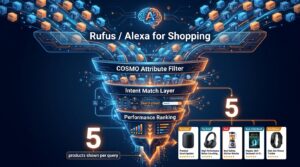 Rufus AI funnel showing thousands of listings filtered down to 5 products per query