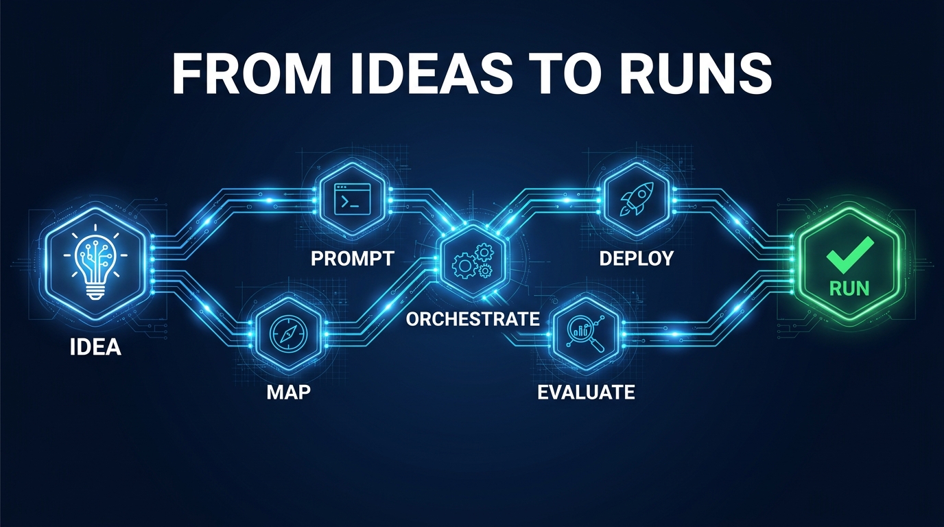 AI-first workflow pipeline diagram showing stages from IDEA through MAP, PROMPT, ORCHESTRATE, EVALUATE, DEPLOY to RUN