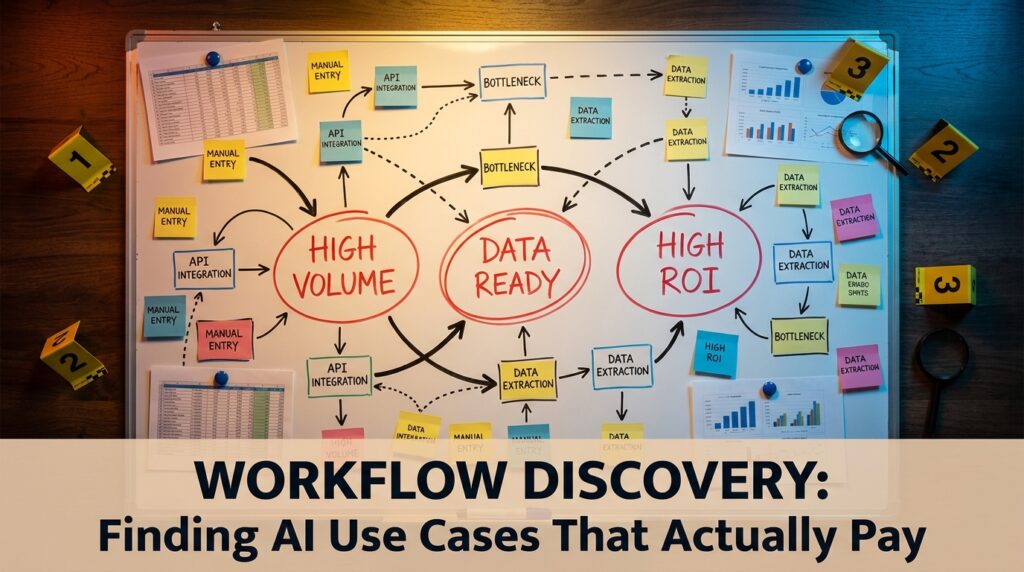 Workflow discovery whiteboard with mapped processes circled in red labeled HIGH VOLUME, DATA READY, HIGH ROI — systematic AI use case discovery method