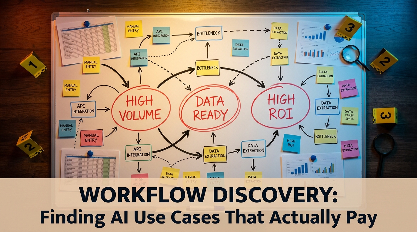 Workflow discovery whiteboard with mapped processes circled in red labeled HIGH VOLUME, DATA READY, HIGH ROI — systematic AI use case discovery method