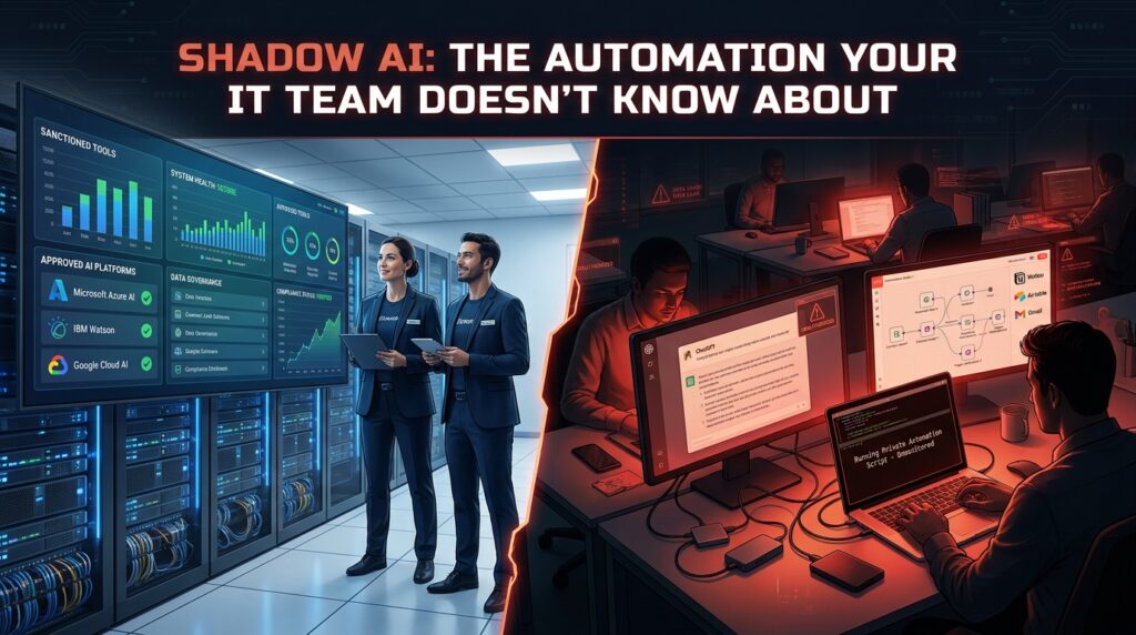 Split-screen showing sanctioned IT environment versus employees using hidden AI automation tools on personal devices