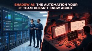 Split-screen showing sanctioned IT environment versus employees using hidden AI automation tools on personal devices