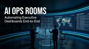 AI Operations Command Center with executives reviewing real-time executive dashboards and data streams across multiple screens