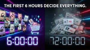 Split-screen showing a 6-hour countdown with TikTok products selling fast versus a 72-hour clock with sellers buried under competition